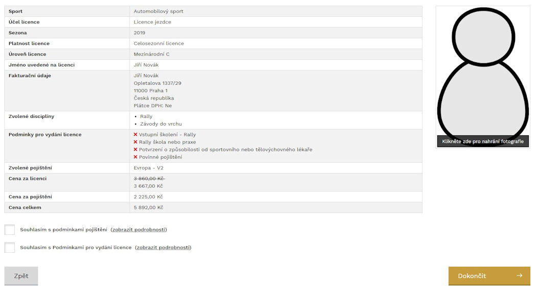 Shrnutí žádosti o licenci jezdce