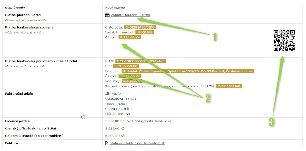 Platební informace - detail