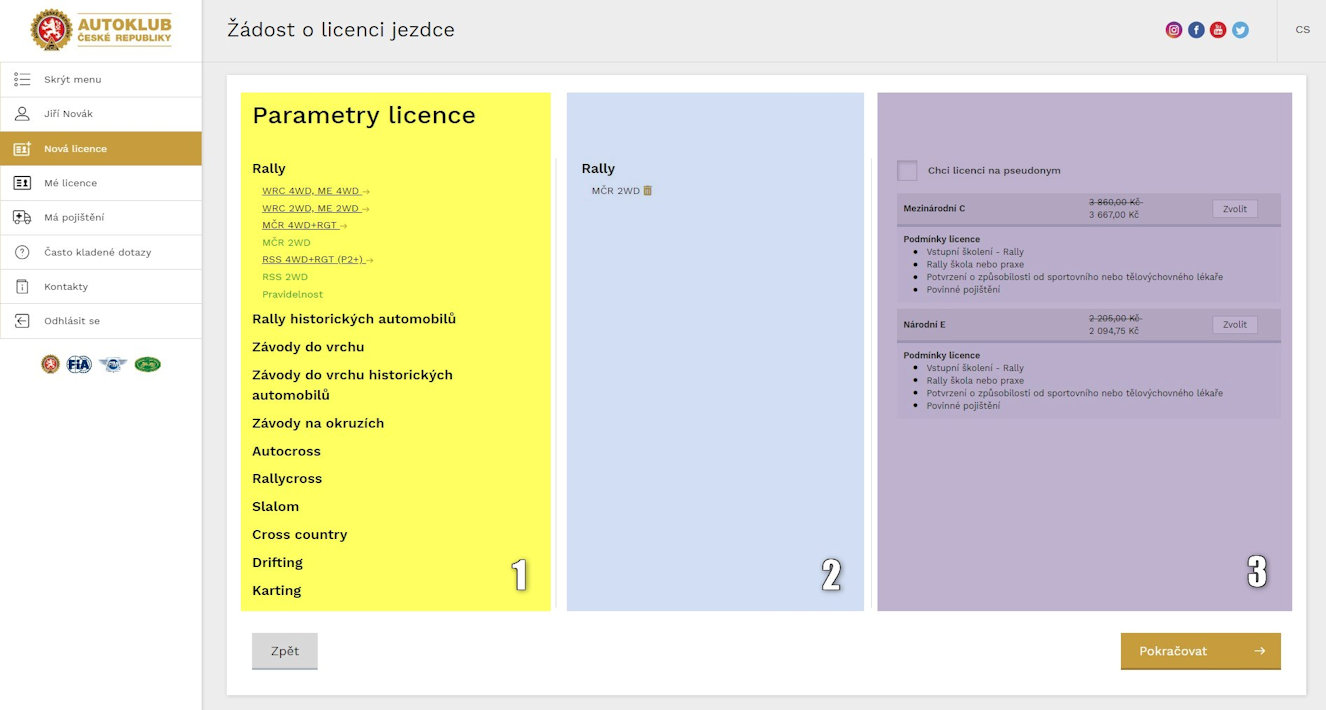 Parametry licence - rozdělení do částí