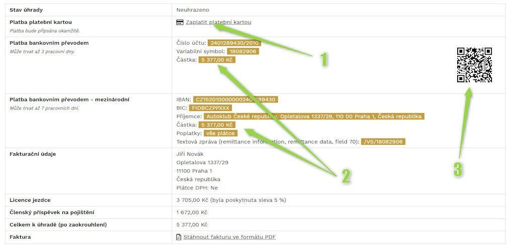 Platební informace - detail