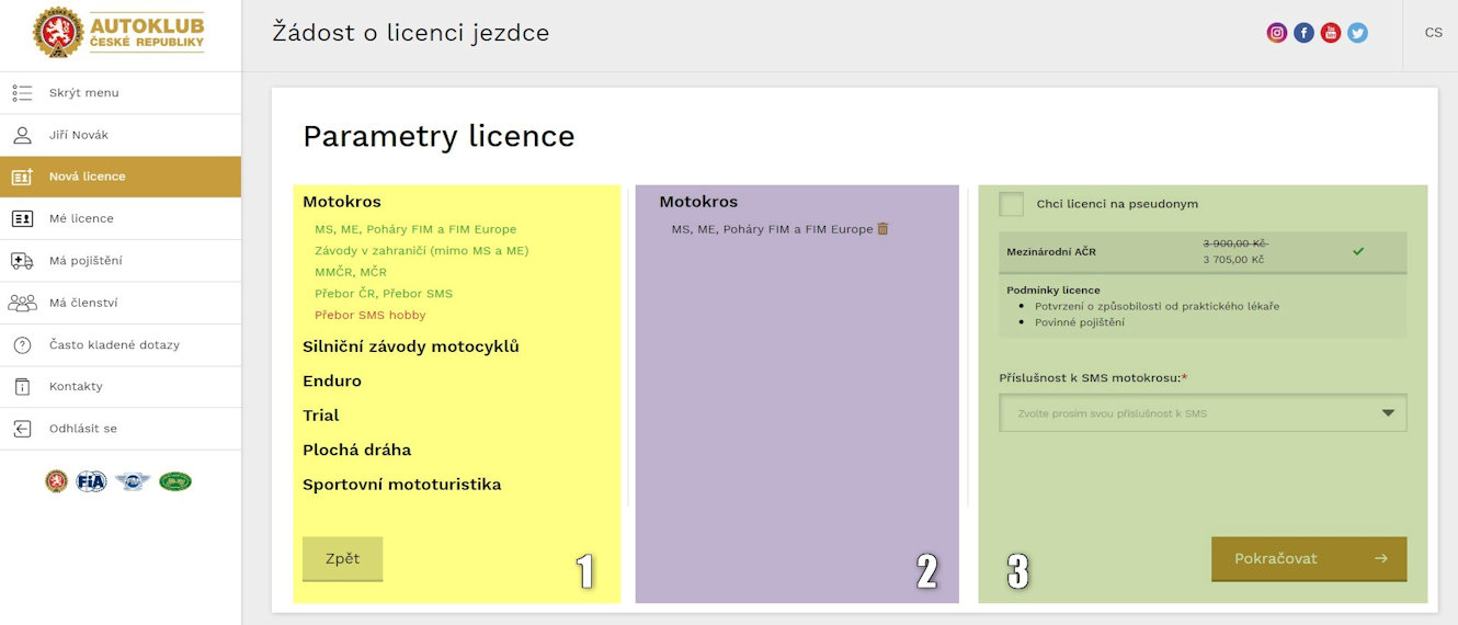 Parametry licence - rozdělení do částí
